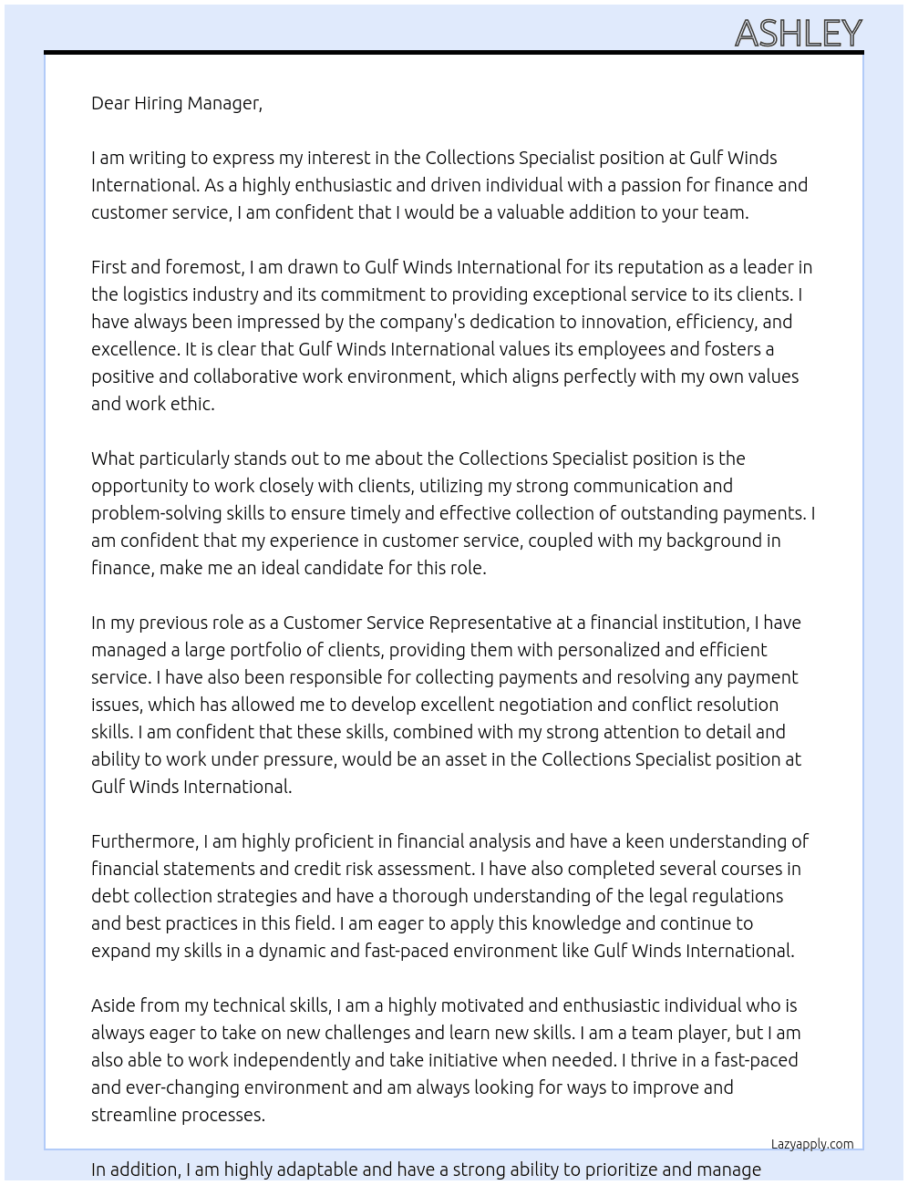 Collections Specialist At Gulf Winds International Cover Letter