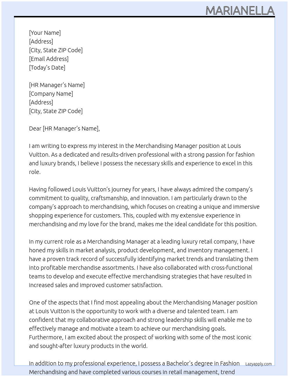 Merchandsing Manager At Louis Vuitton Cover Letter