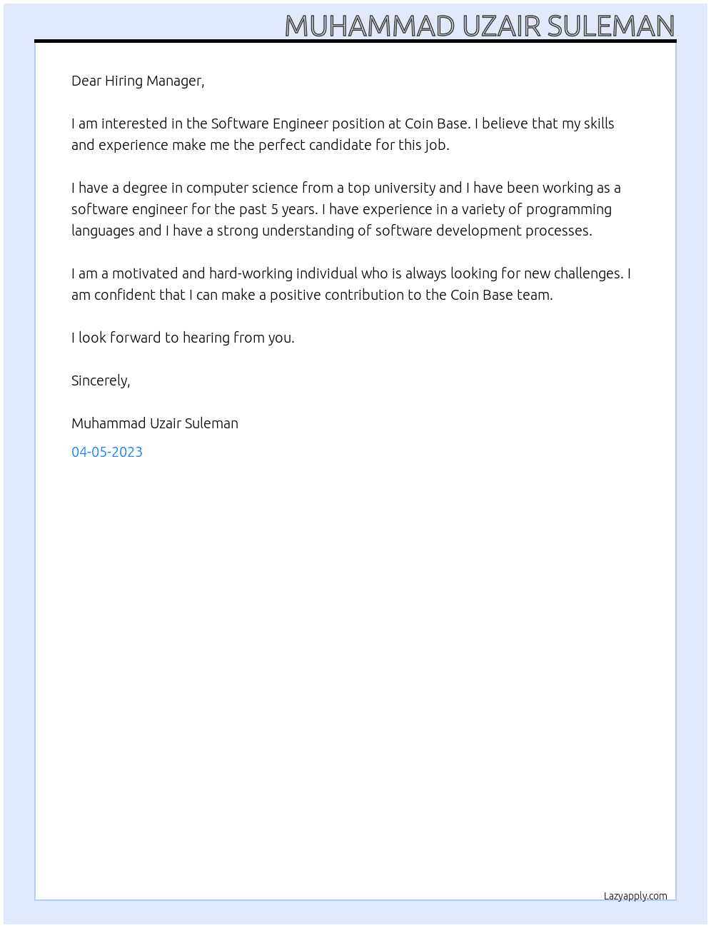 Software Engineer At Coin Base Cover Letter