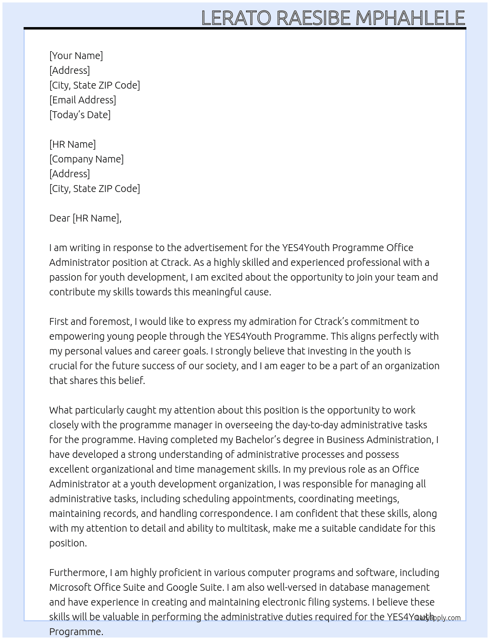  YES4Youth Programme Office Administrator At Ctrack Cover Letter