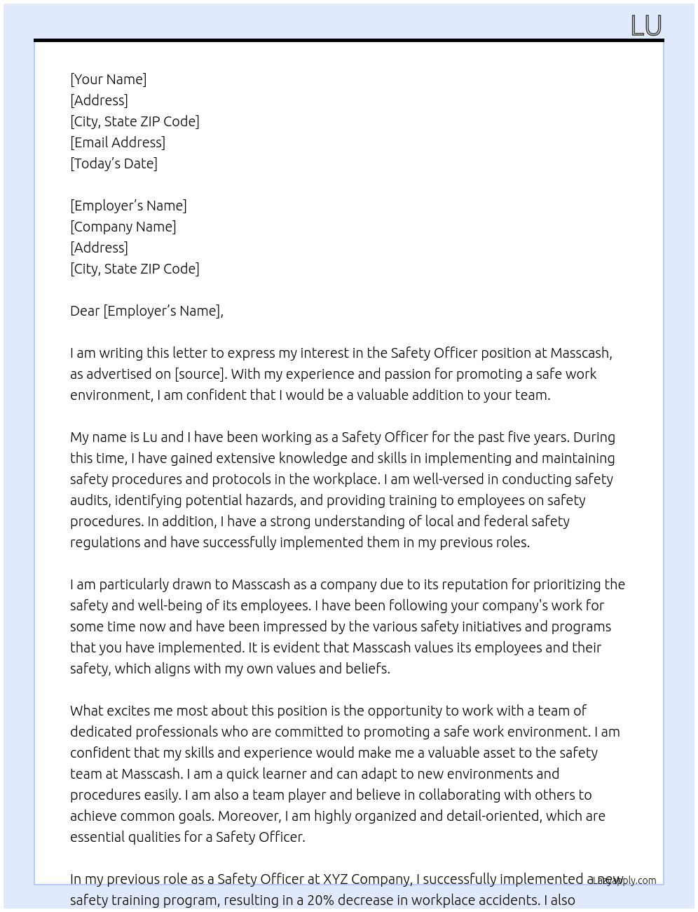 safety officer  At masscash Cover Letter