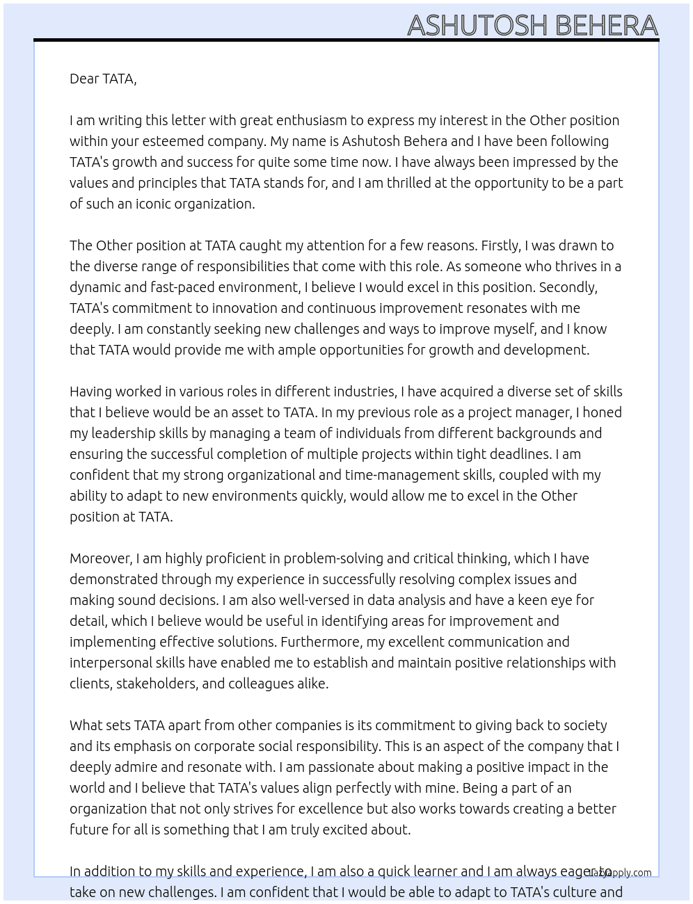 Other At TATA Cover Letter