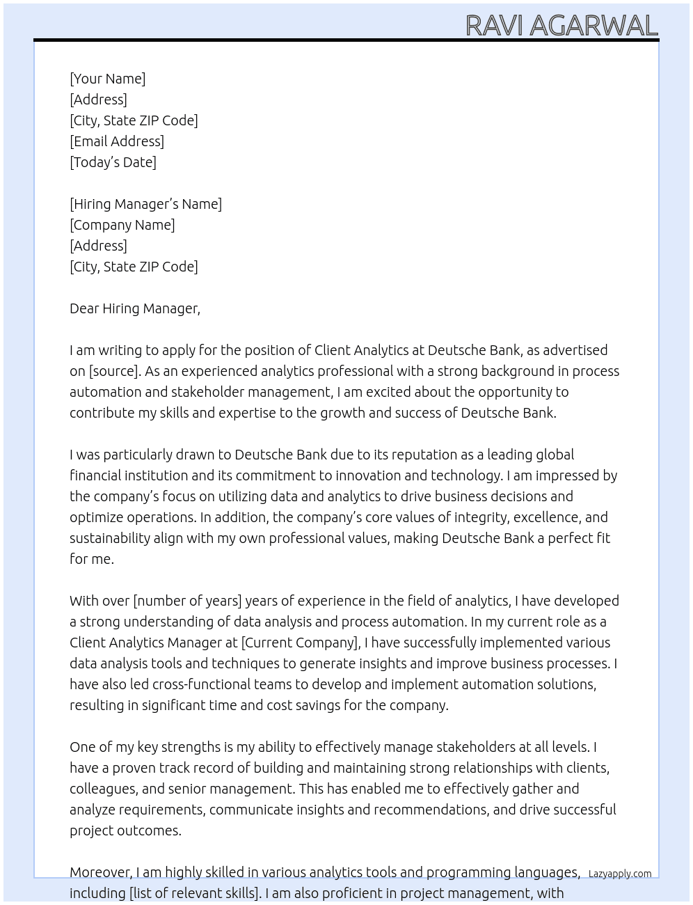 Client Analytics At Deutsche Bank Cover Letter