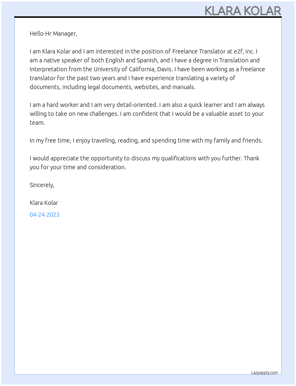 Freelance Translator At e2f, inc. Cover Letter