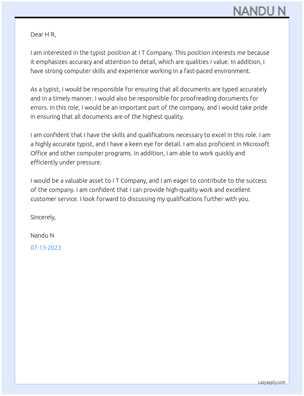Typist  At I T Company  Cover Letter