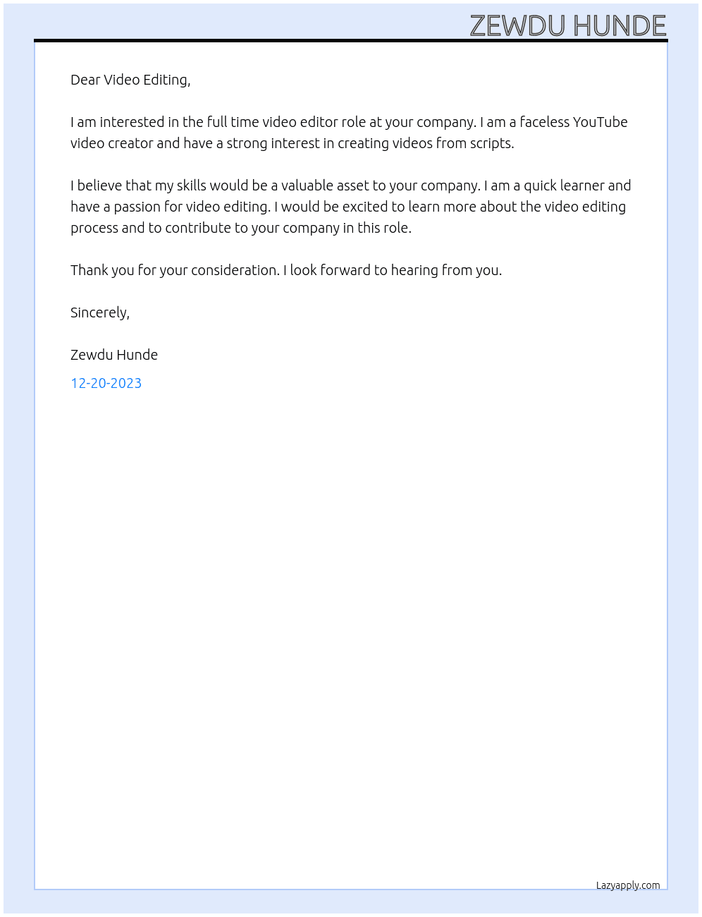YouTube video from script At Video editing  Cover Letter