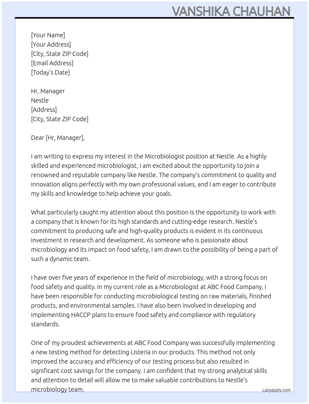 Microbiologist  At Nestle  Cover Letter