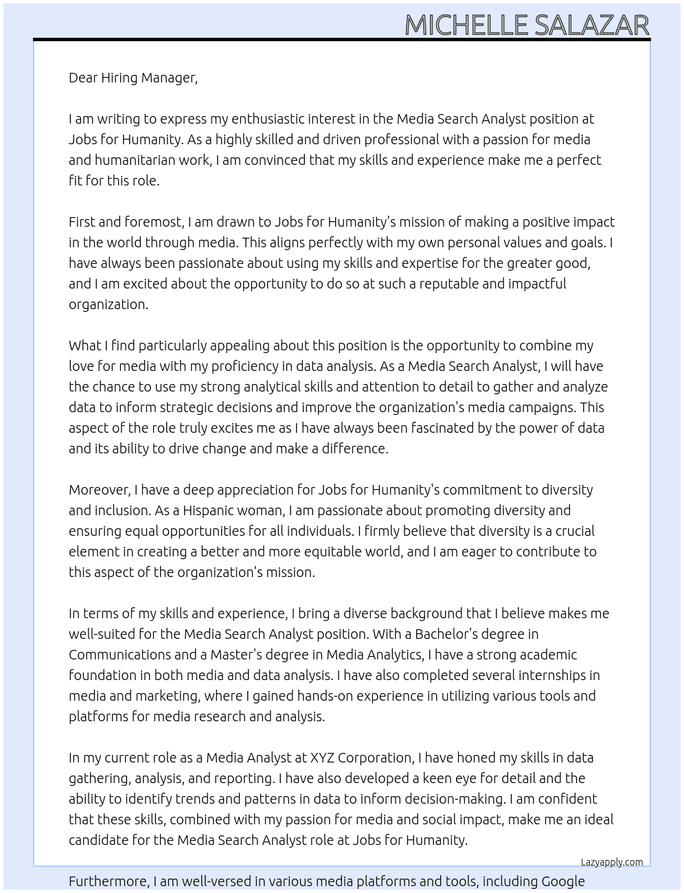 Media Search Analyst At Jobs for Humanity Cover Letter