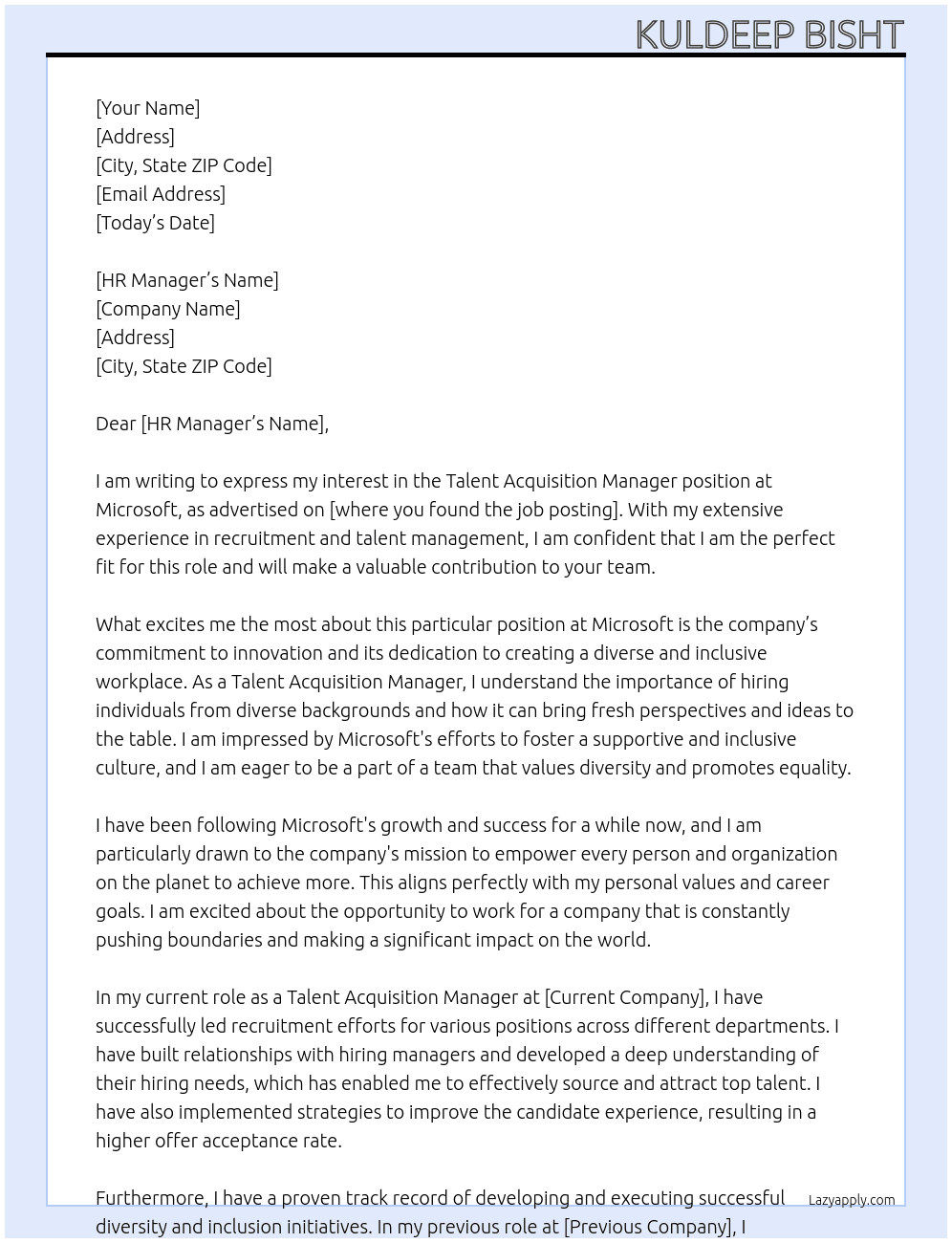 Talent Acquisition Manager At microsoft Cover Letter