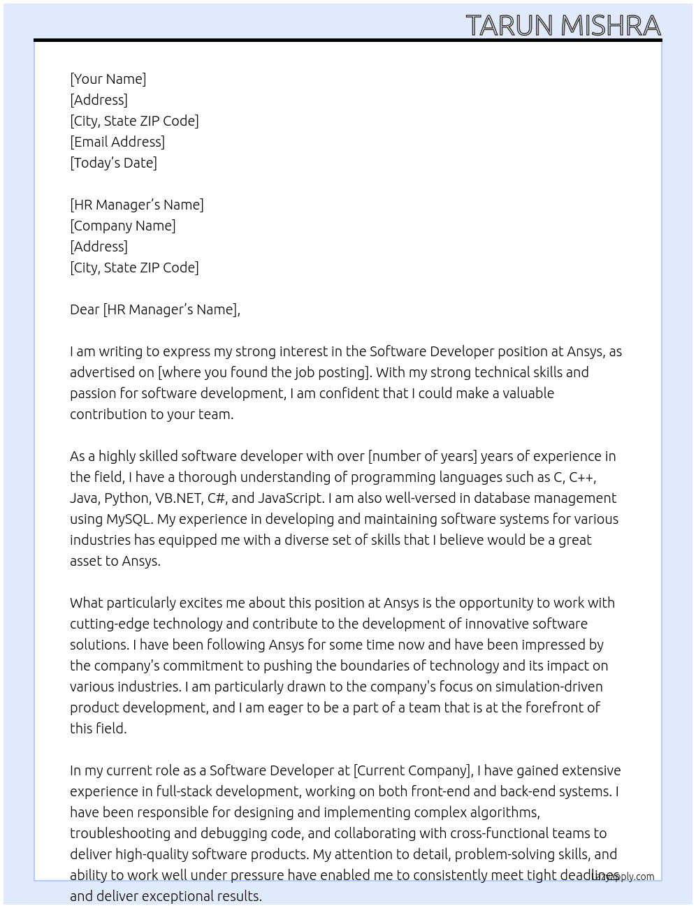 Software Developer At Ansys Cover Letter
