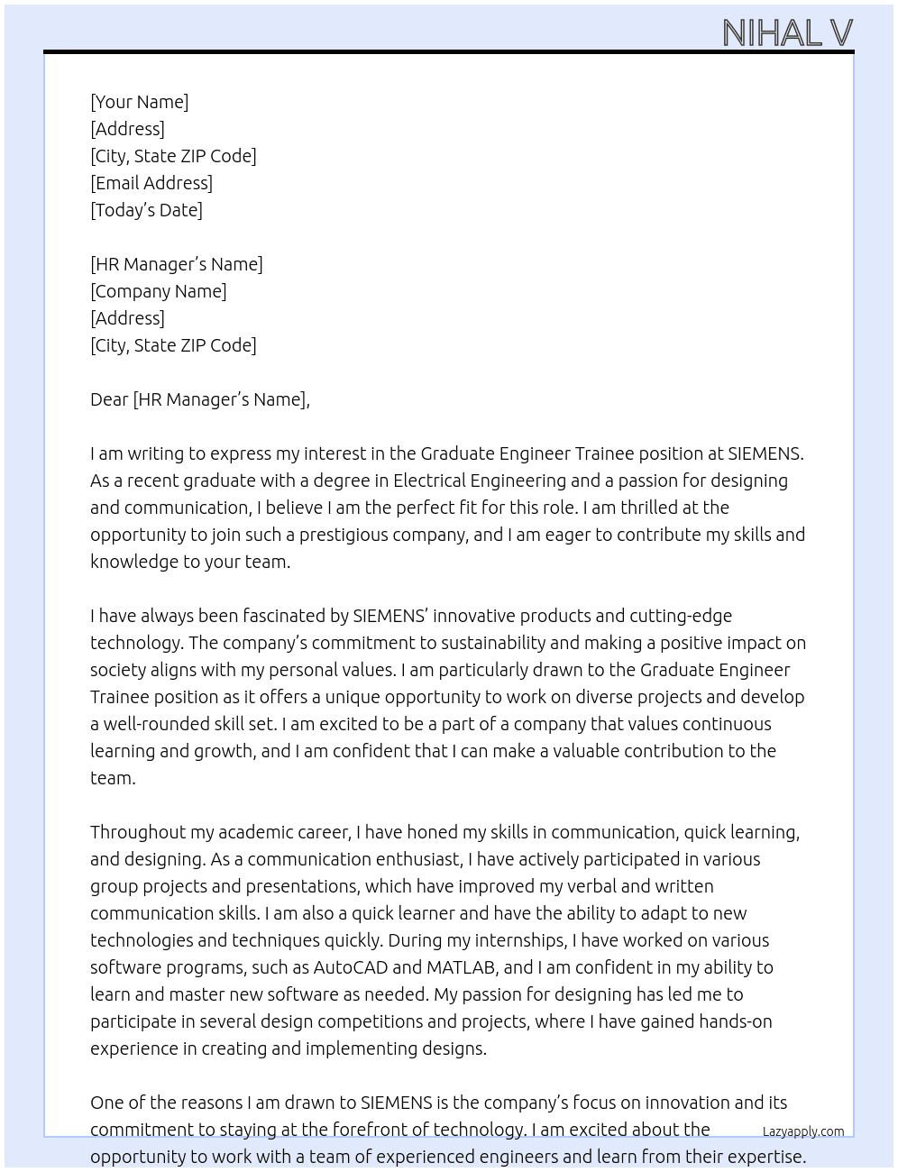 Graduate Engineer Trainee At SIEMENS Cover Letter