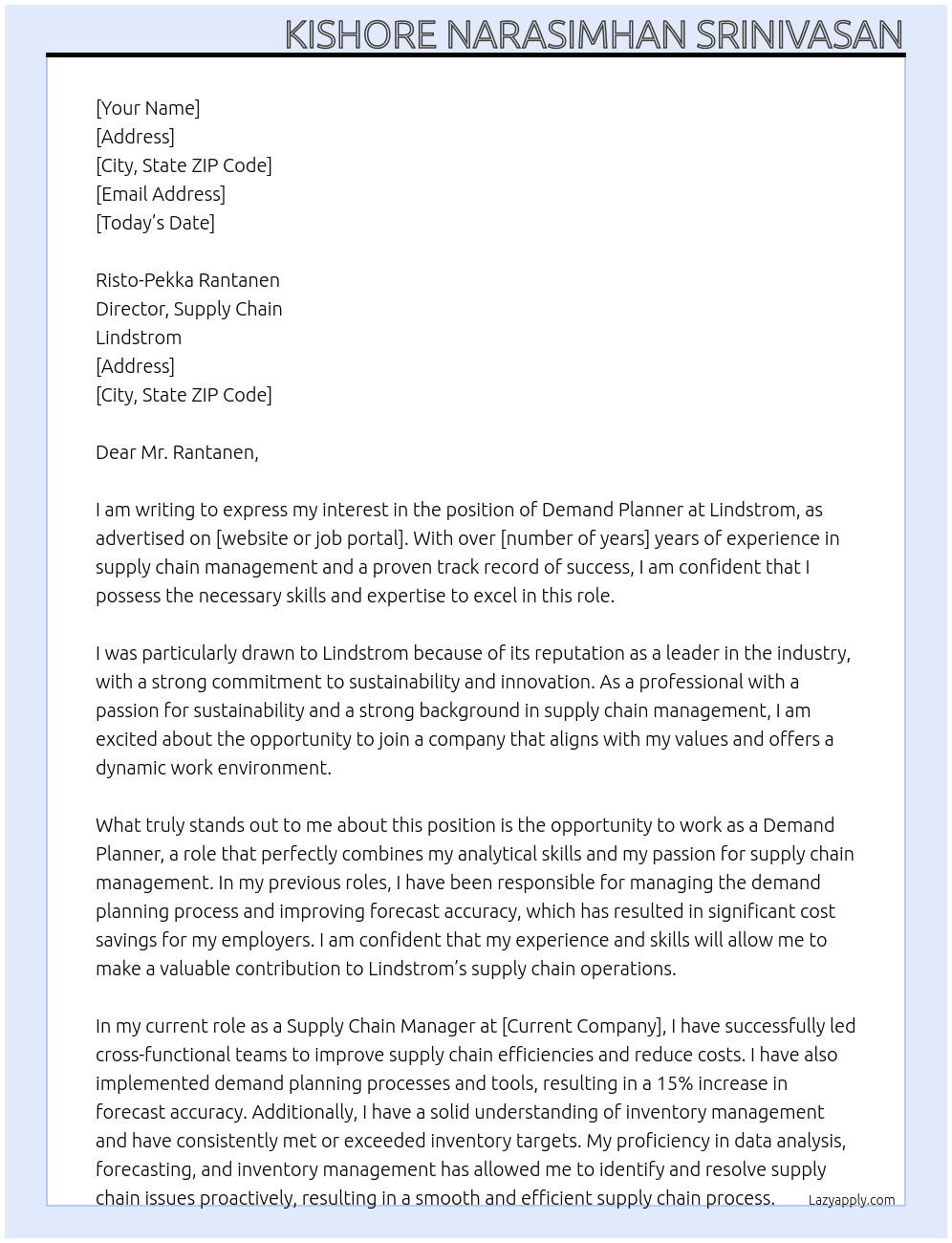 Demand Planner At Lindstrom Cover Letter