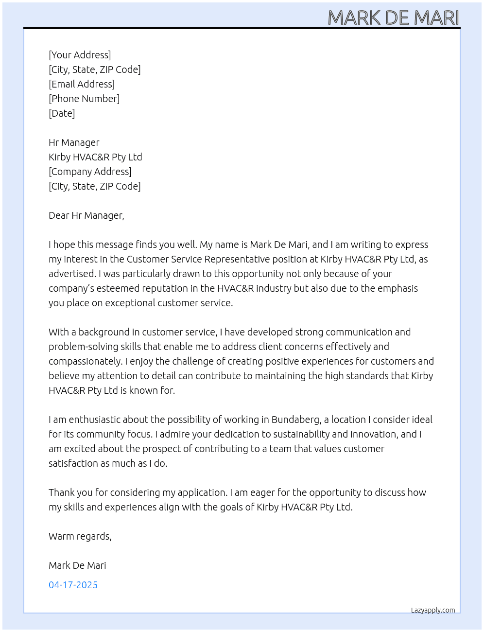 Customer Service Representative At Kirby HVAC&R Pty Ltd Cover Letter