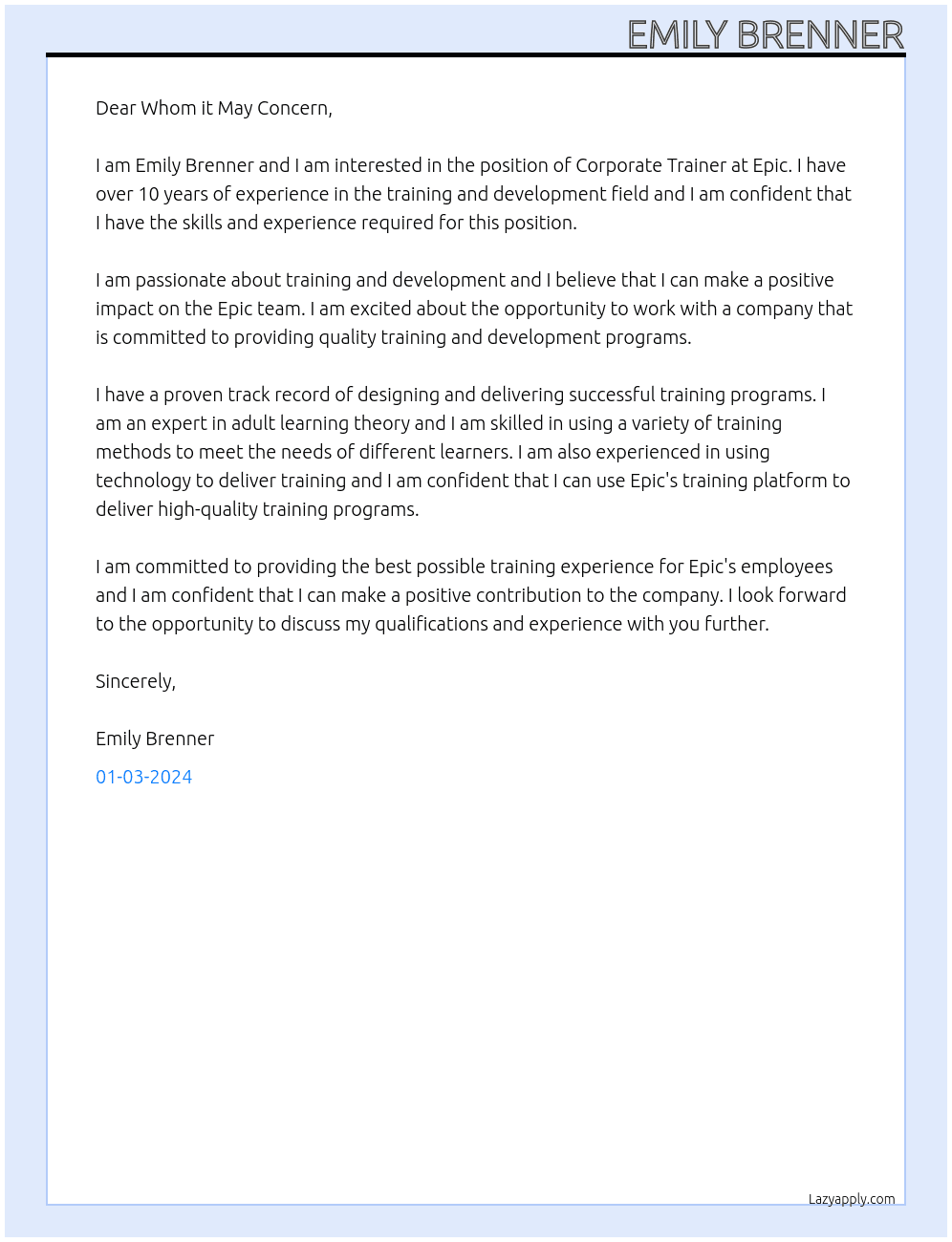 Corporate Trainer At Epic Cover Letter