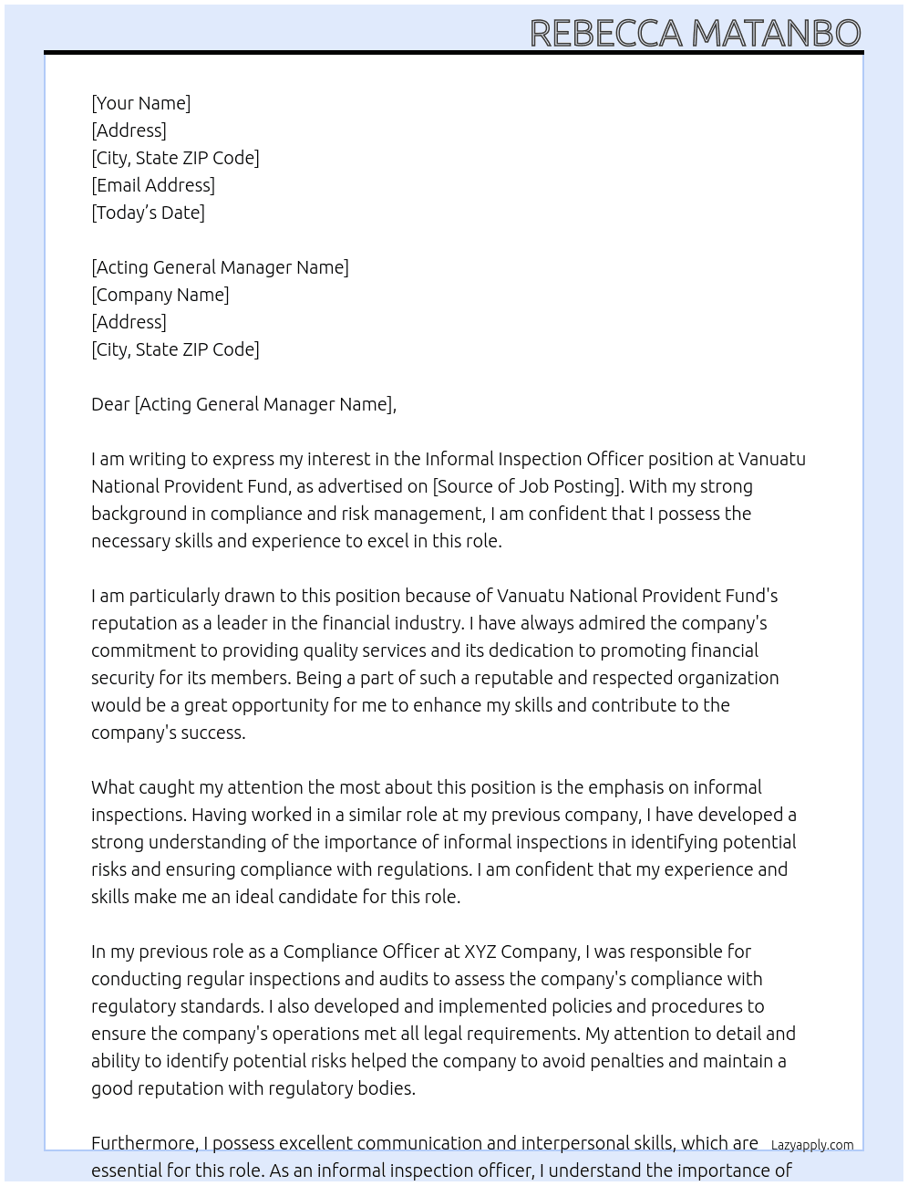 Informal Inspection Officer At Vanuatu National Provident Fund Cover Letter