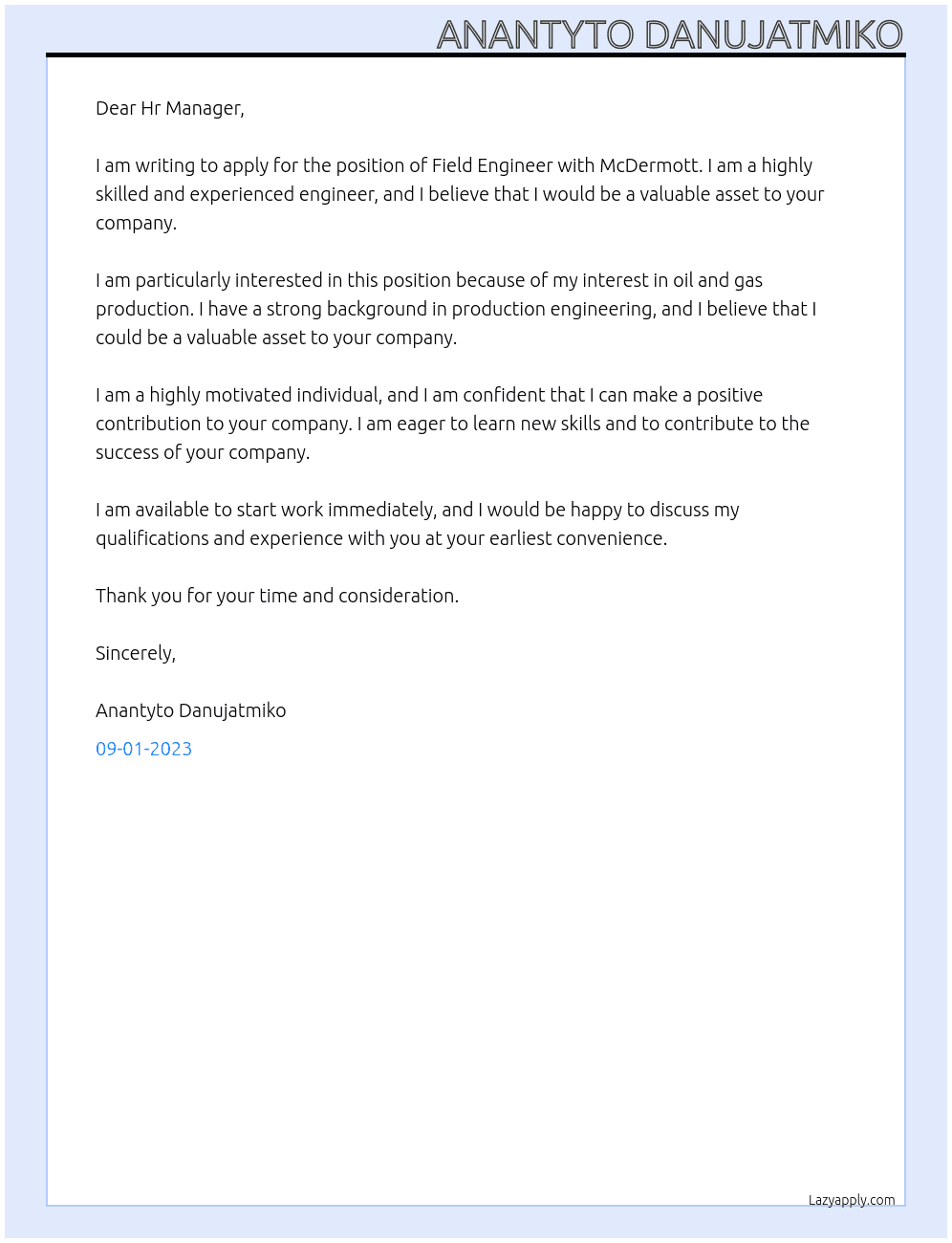 Field engineer  At McDermott Cover Letter
