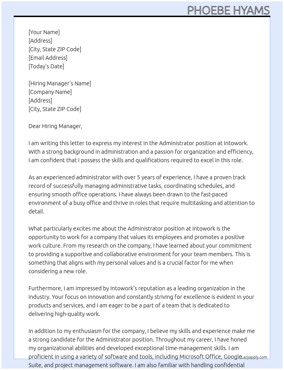Administrator At Intowork Cover Letter