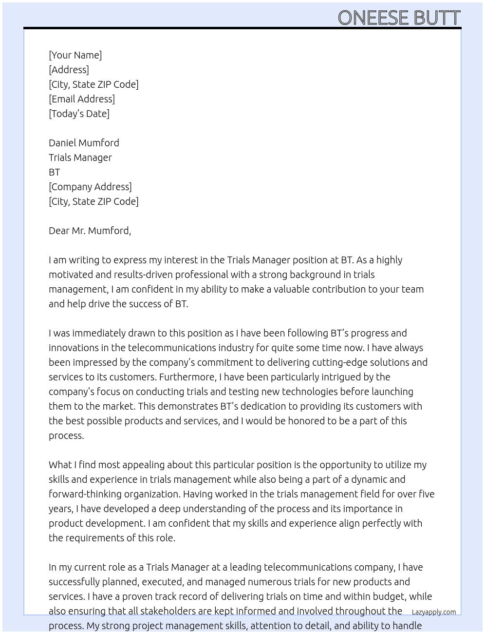 Trials Manager At BT Cover Letter