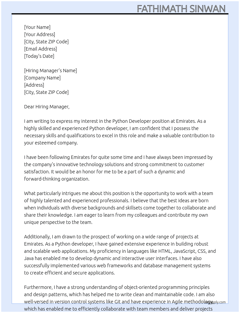Python developer  At Emirates  Cover Letter