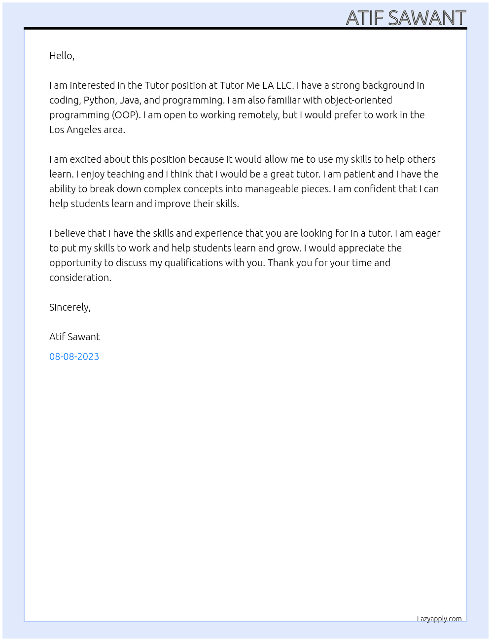 Tutor At Tutor Me LA LLc Cover Letter