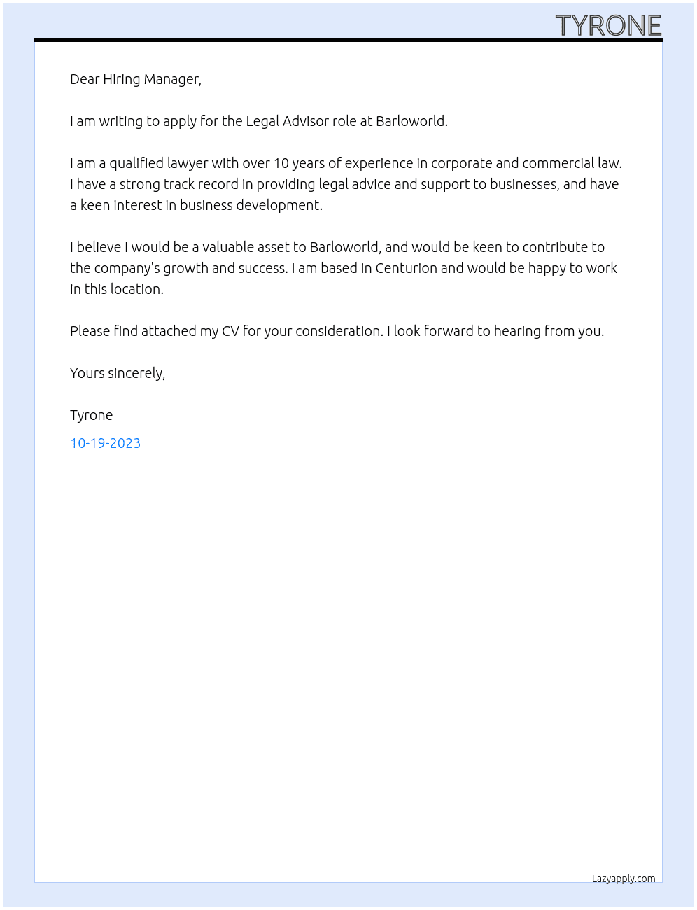 Legal Advisor At Barloworld Cover Letter