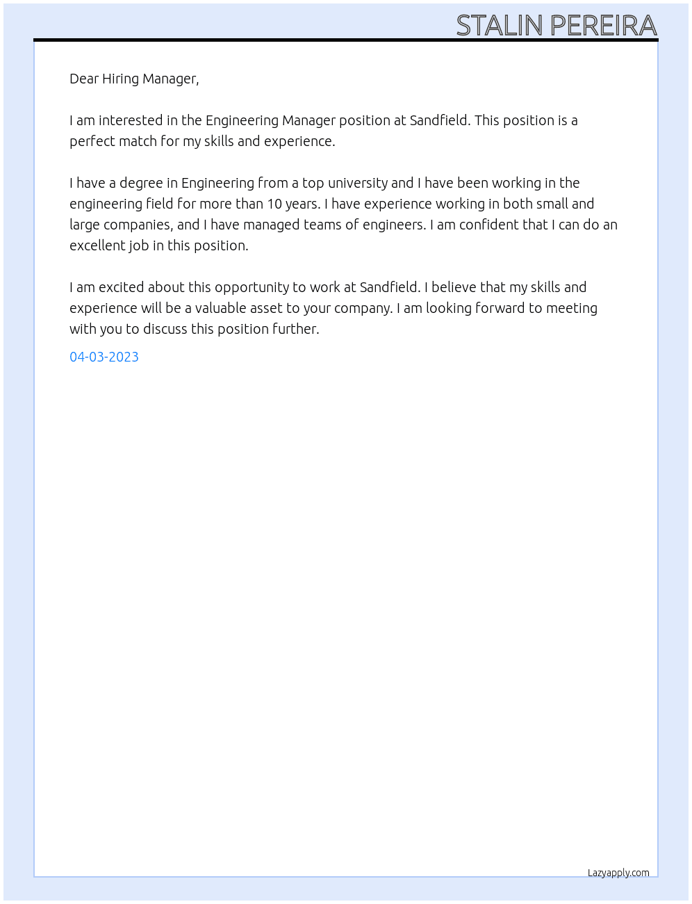 Engineering Manager At Sandfield Cover Letter