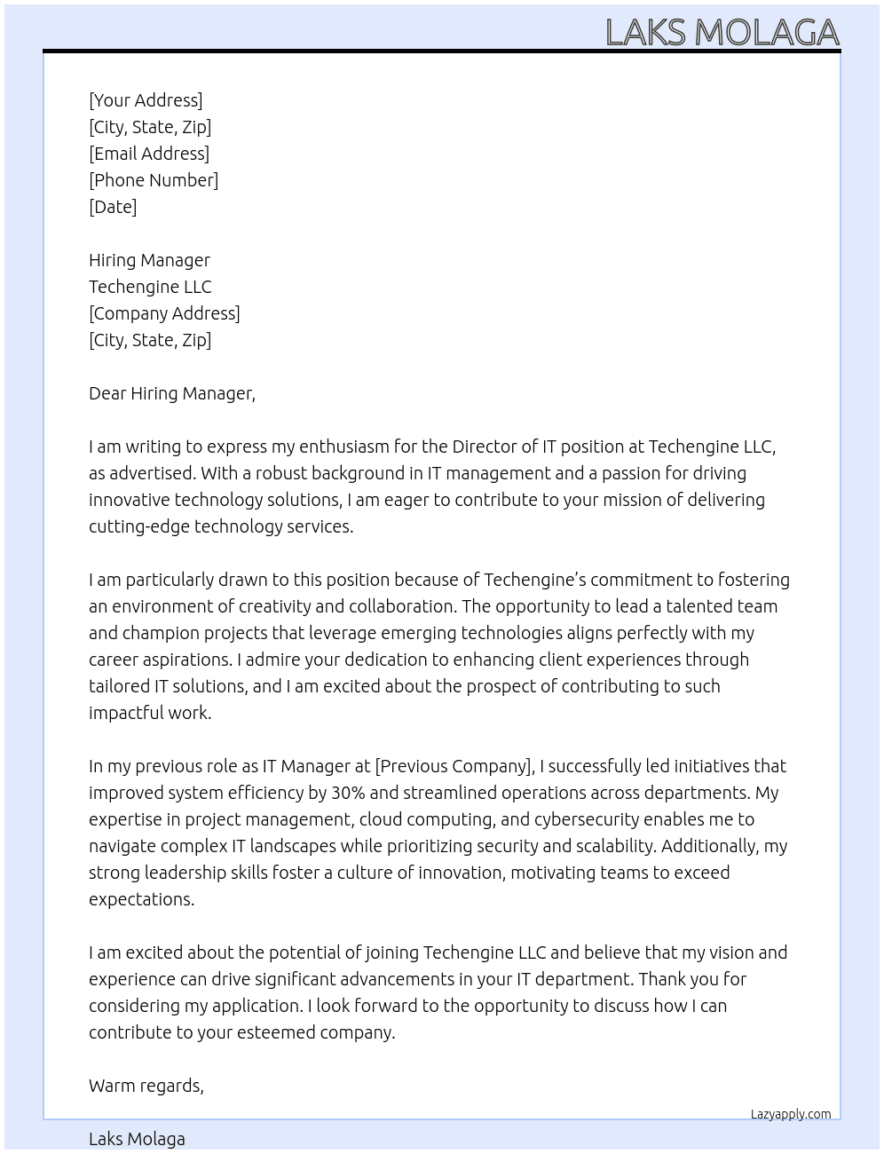 Director of IT At Techengine LLC Cover Letter