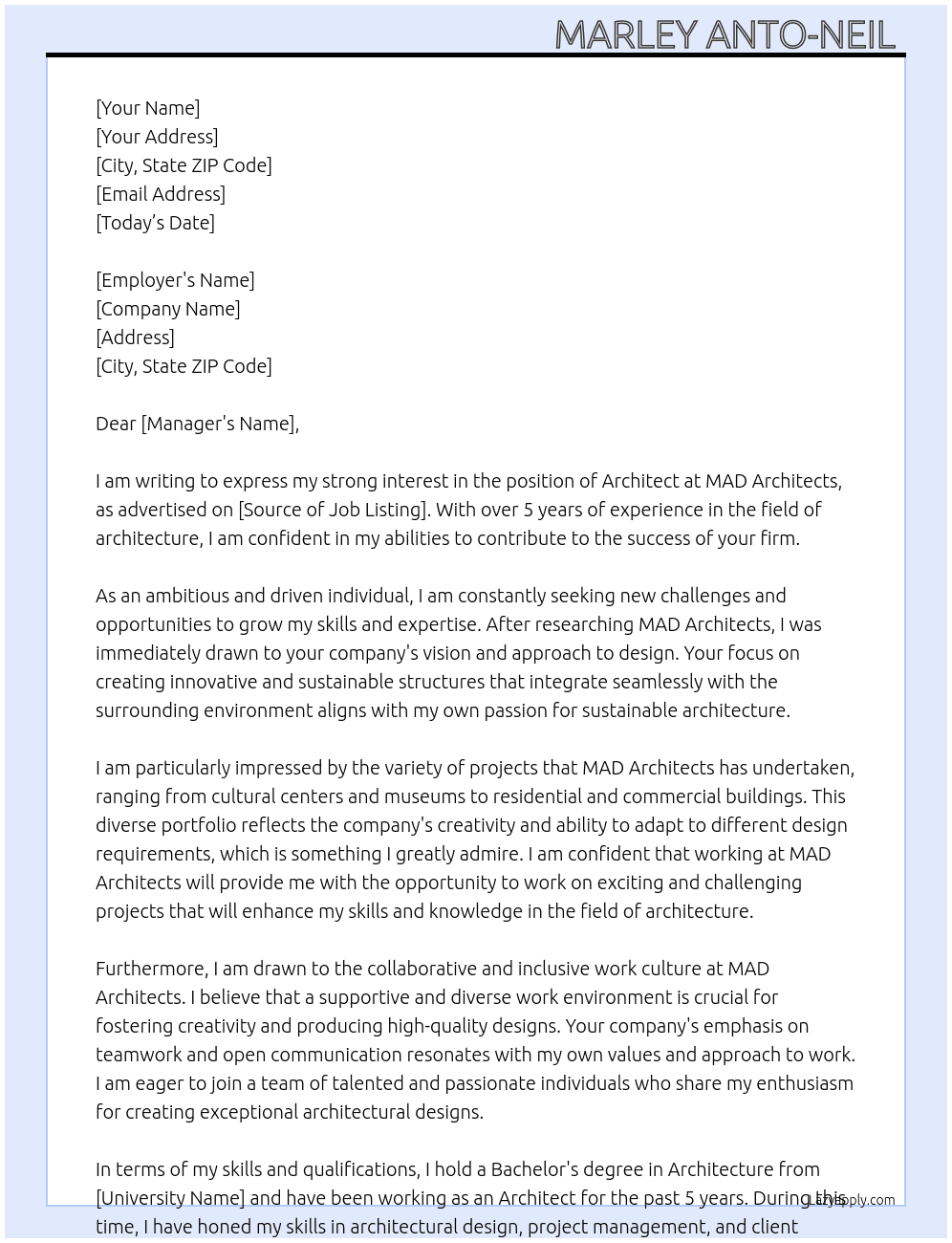 Architect  At MAD Architects  Cover Letter