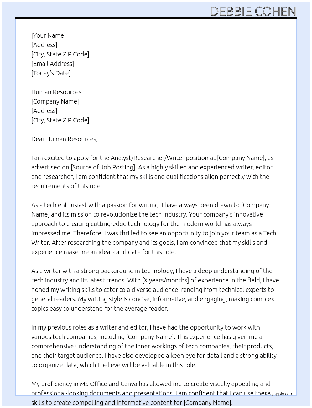 Analyst/Researcher/Writer At tech companies Cover Letter