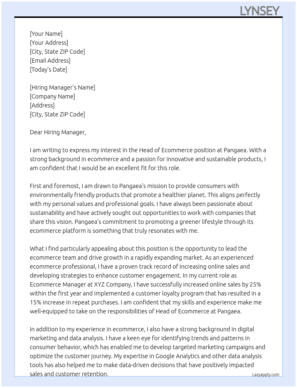 Head of Ecommerce At Pangaea Cover Letter