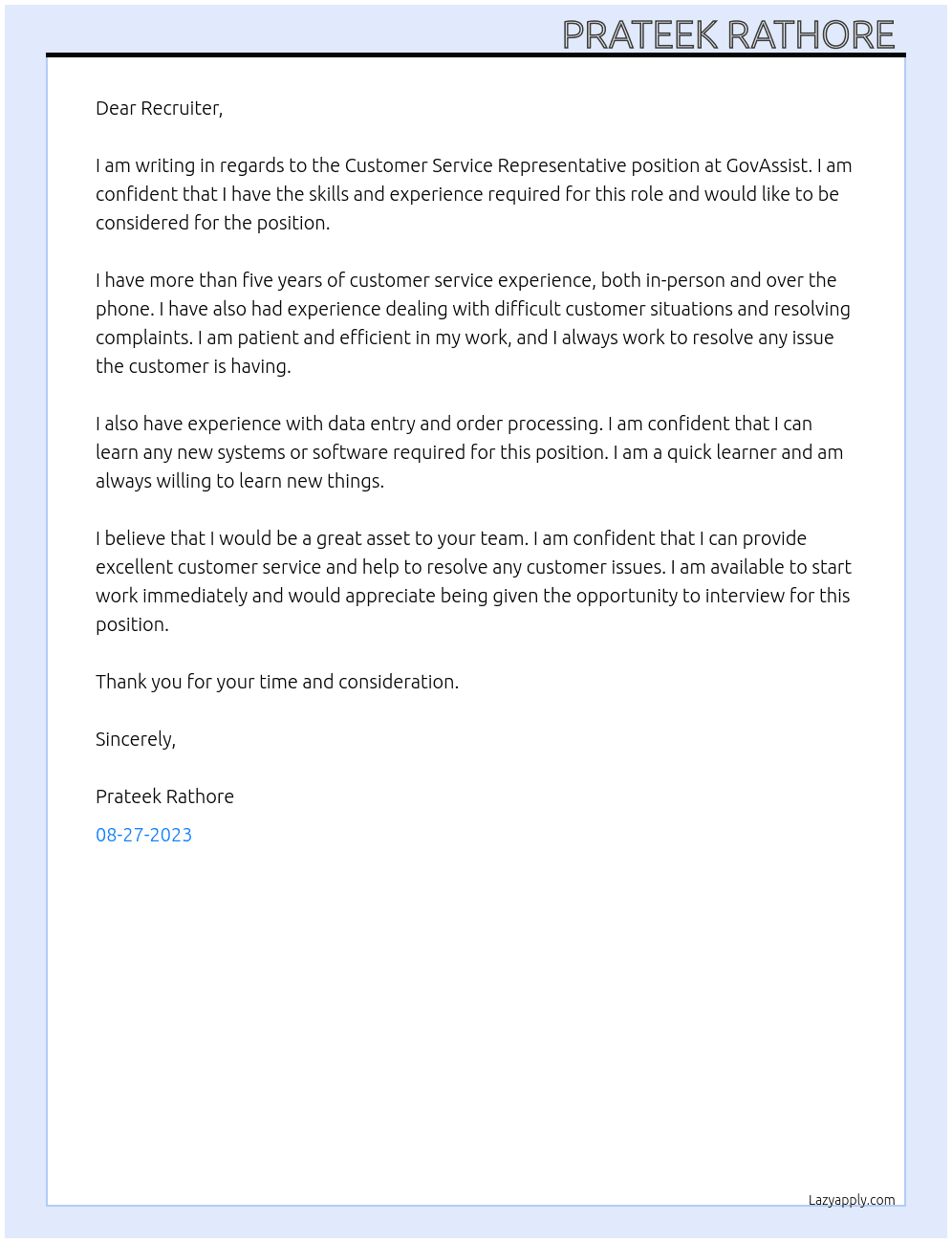 Coustomer Service Representative  At GovAssist Cover Letter