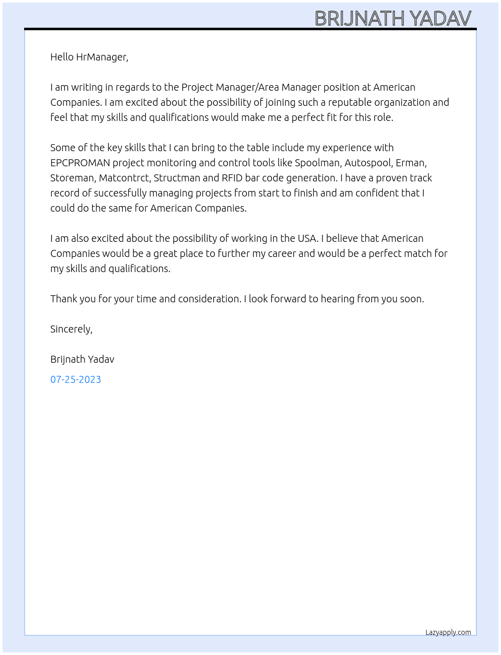 Project manager/Area Manager  At American Companies  Cover Letter