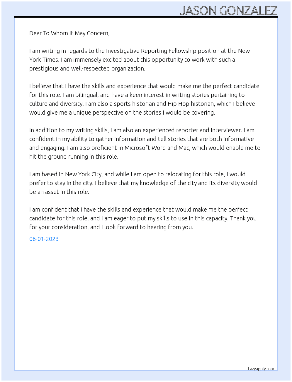 Investigative Reporting Fellowship At New York Times Cover Letter