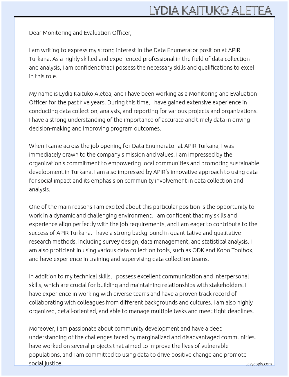 DATA ENUMERATOR  At APIR TURKANA  Cover Letter