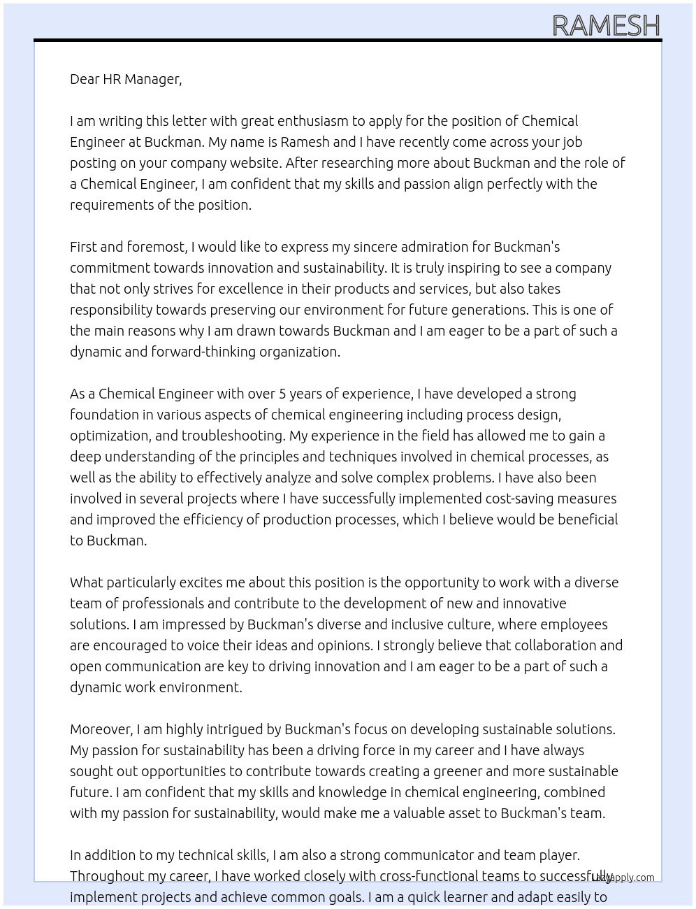 Chemical Engineer  At Buckman Cover Letter