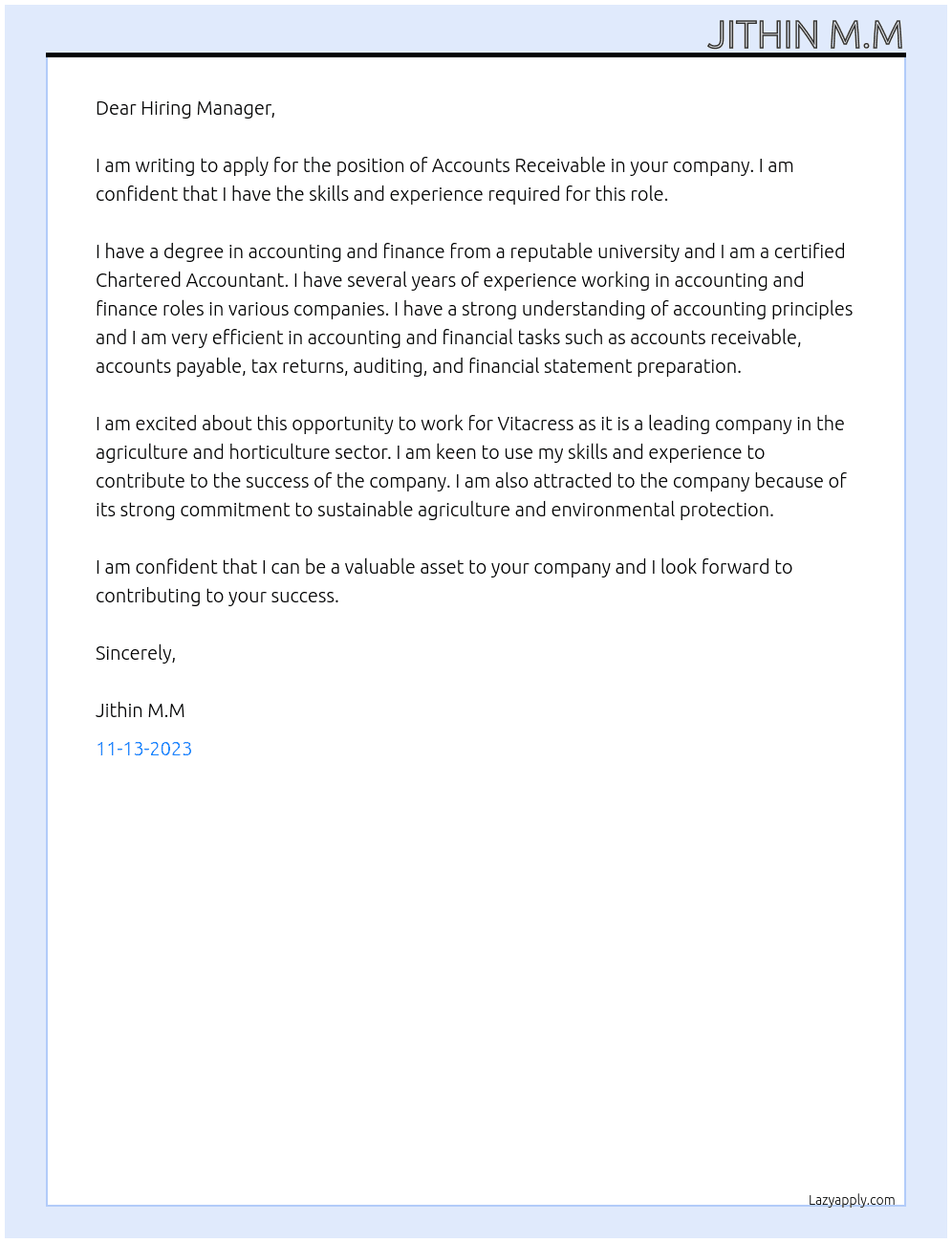Accounts Receivables At Vitacress Cover Letter