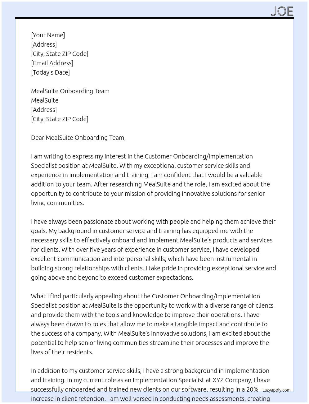 Customer Onboarding/Implementation Specialist At MealSuite Cover Letter