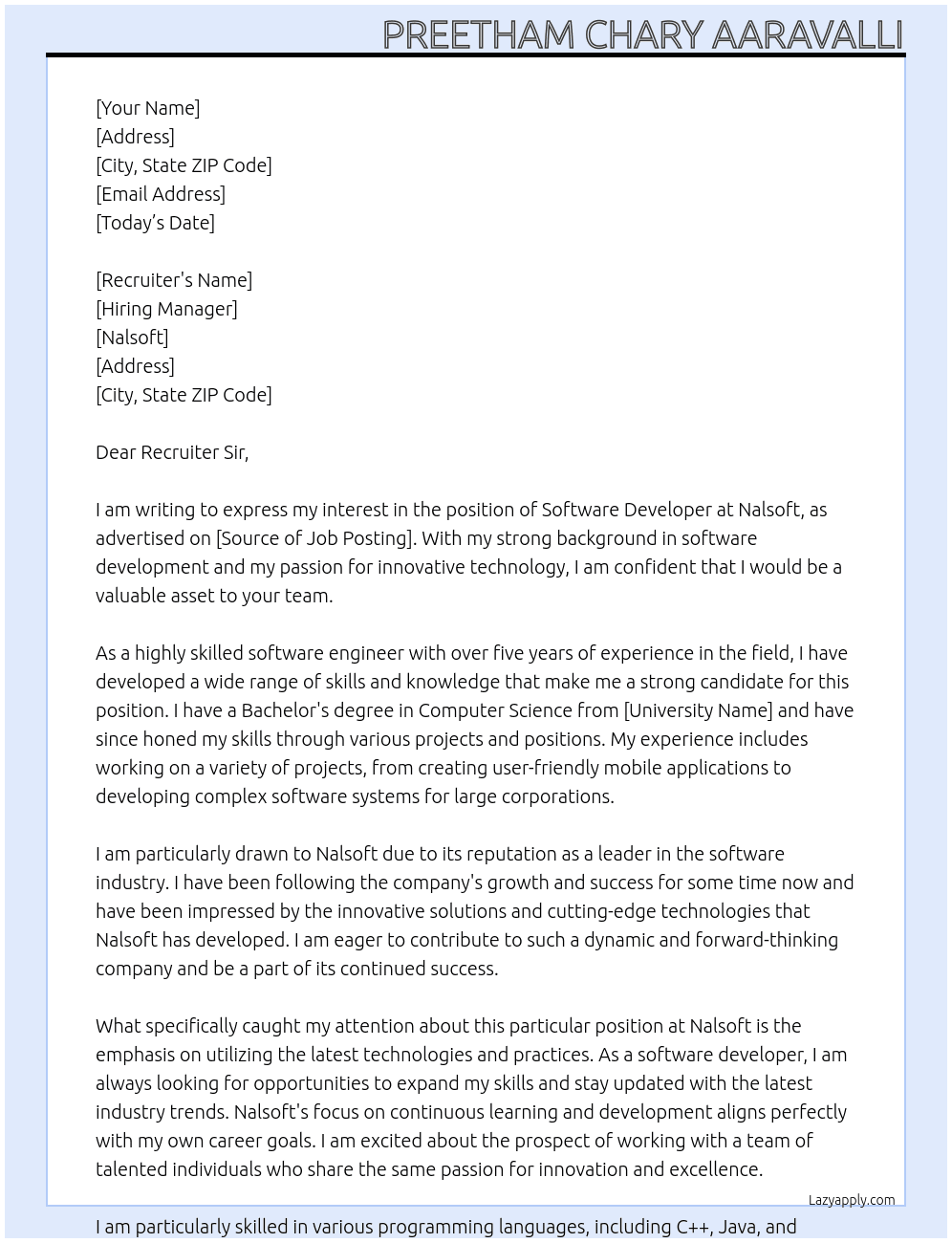 software developer At Nalsoft Cover Letter