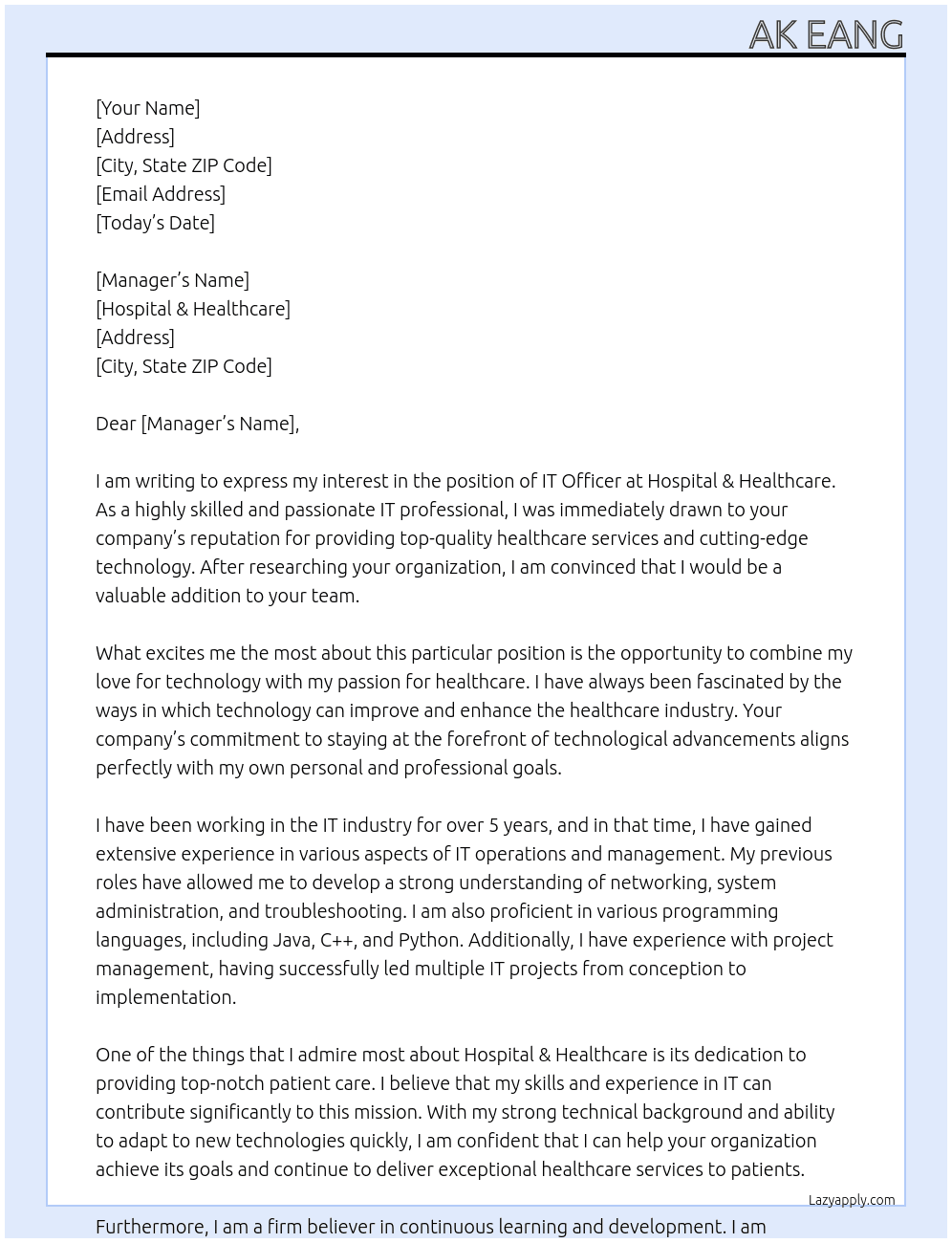 IT Officer At Hospital & healthcare Cover Letter