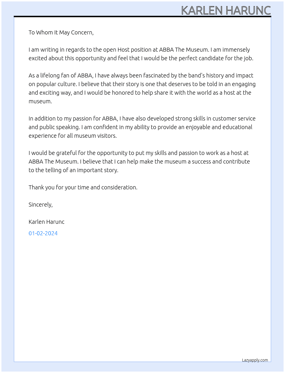 Host At ABBA The Museum Cover Letter