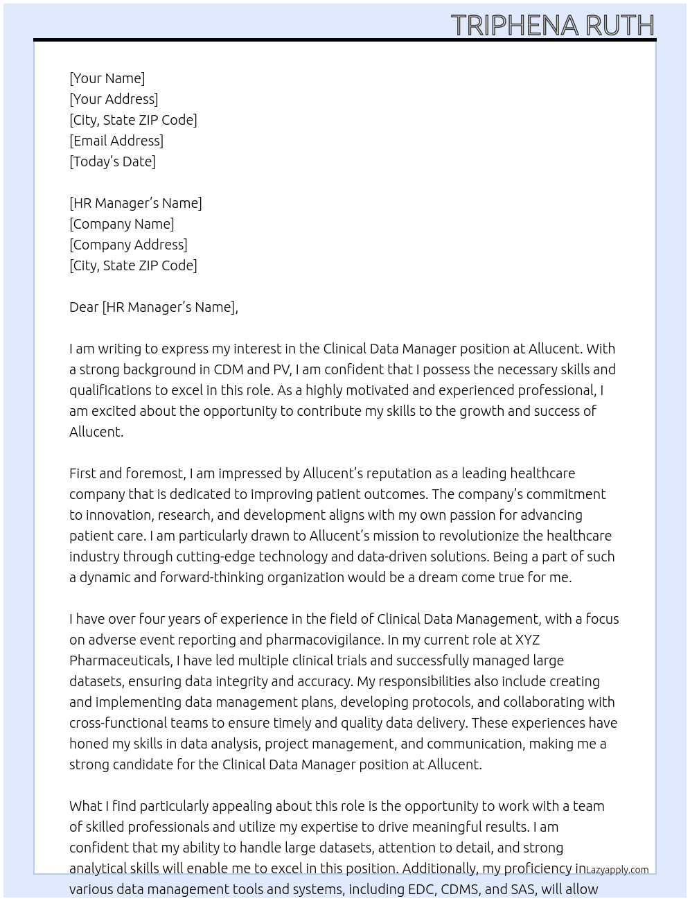 Clinical Data Manager At Allucent Cover Letter