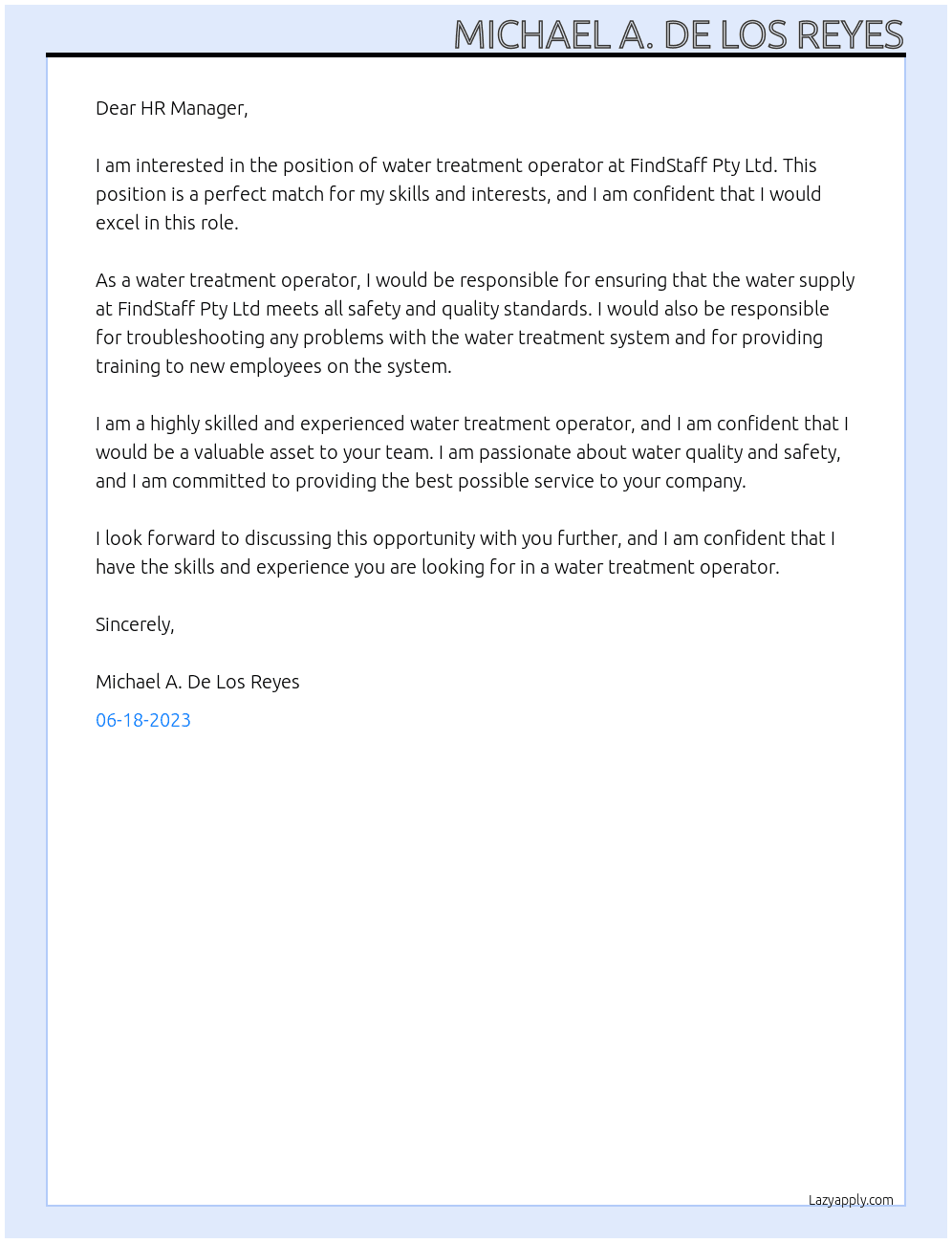 water treatment operator At FindStaff Pty Ltd Cover Letter