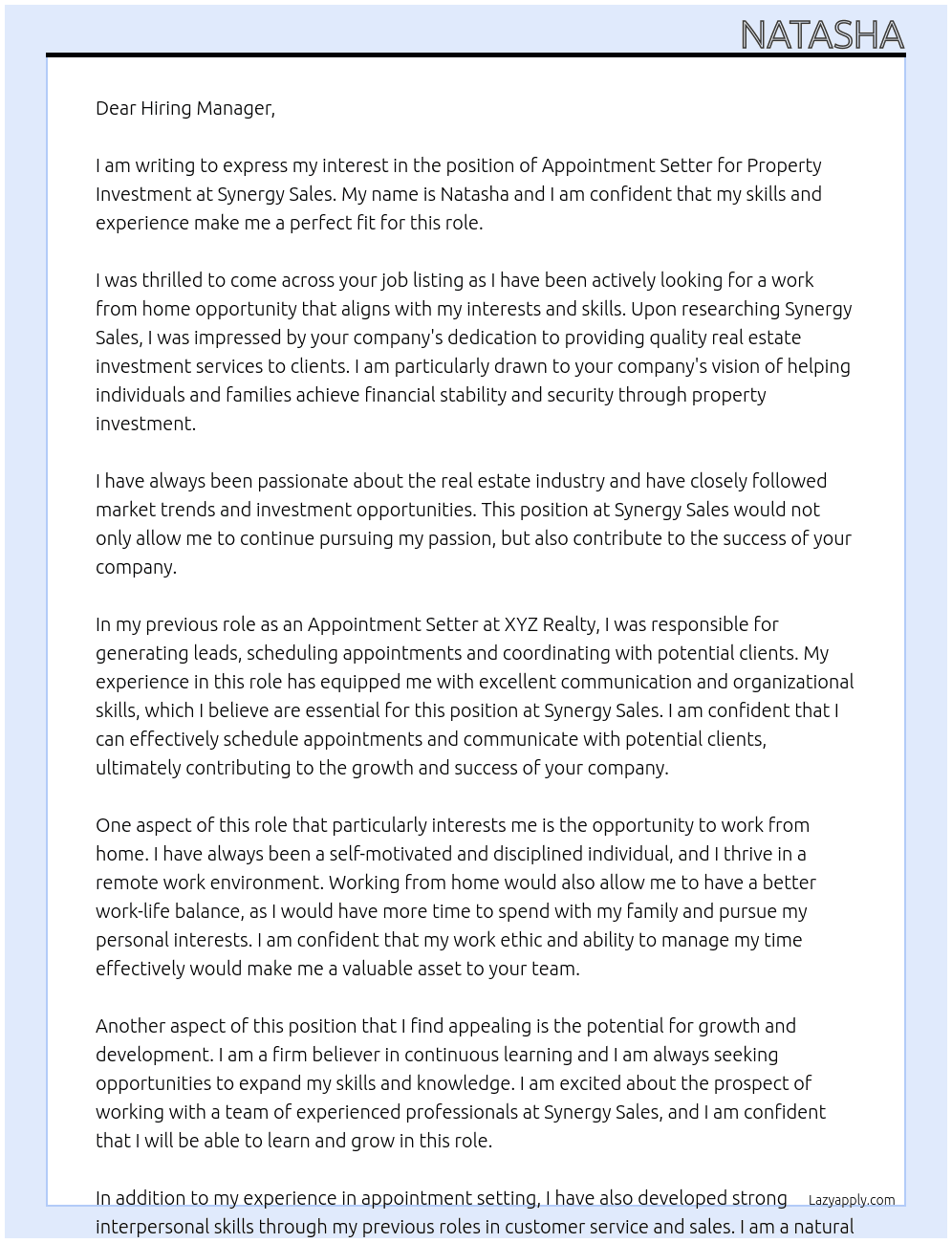 Appointment Setter | Property Investment (work from home) At Synergy sales Cover Letter
