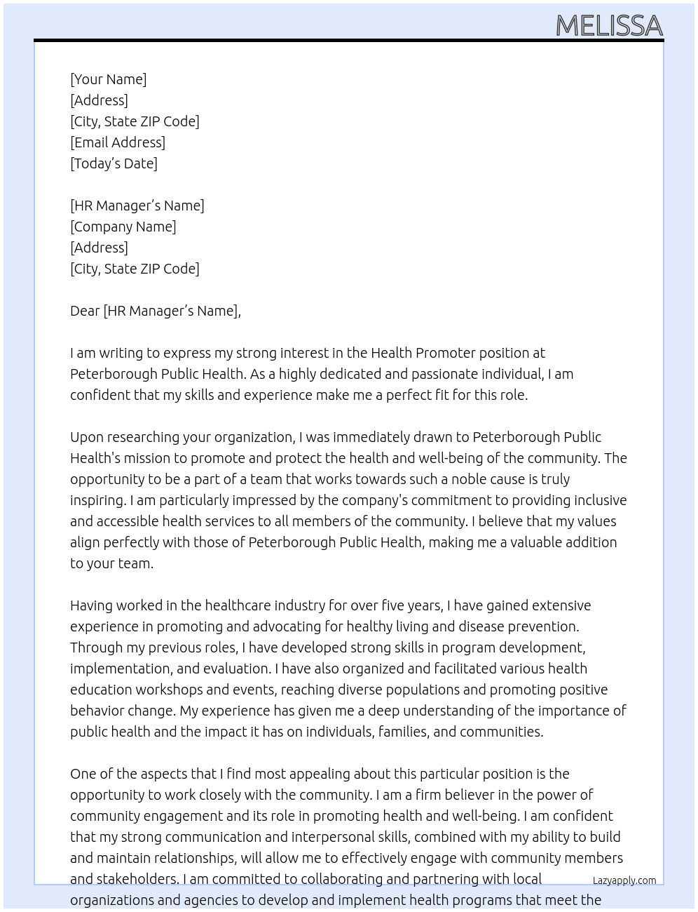 health promoter At Peterborough Public Health Cover Letter