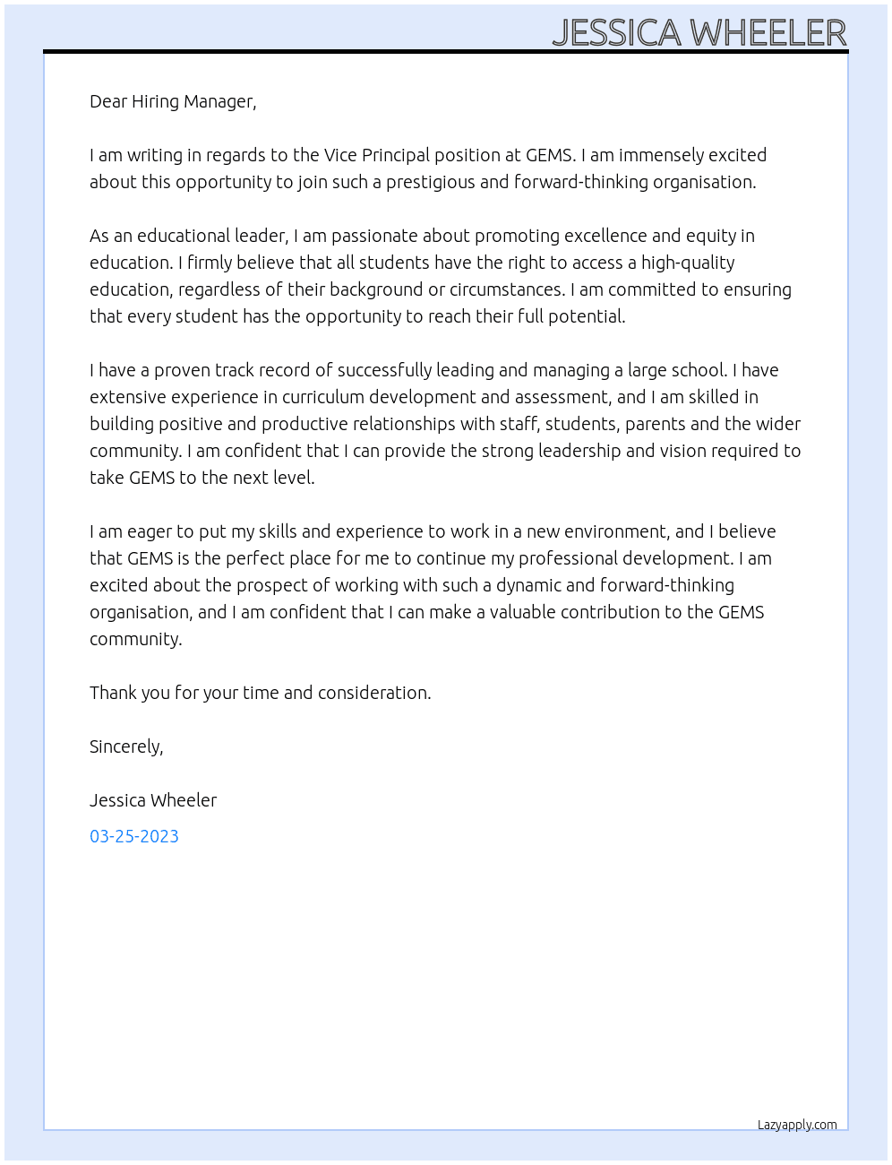 Vice Principal At GEMS Cover Letter