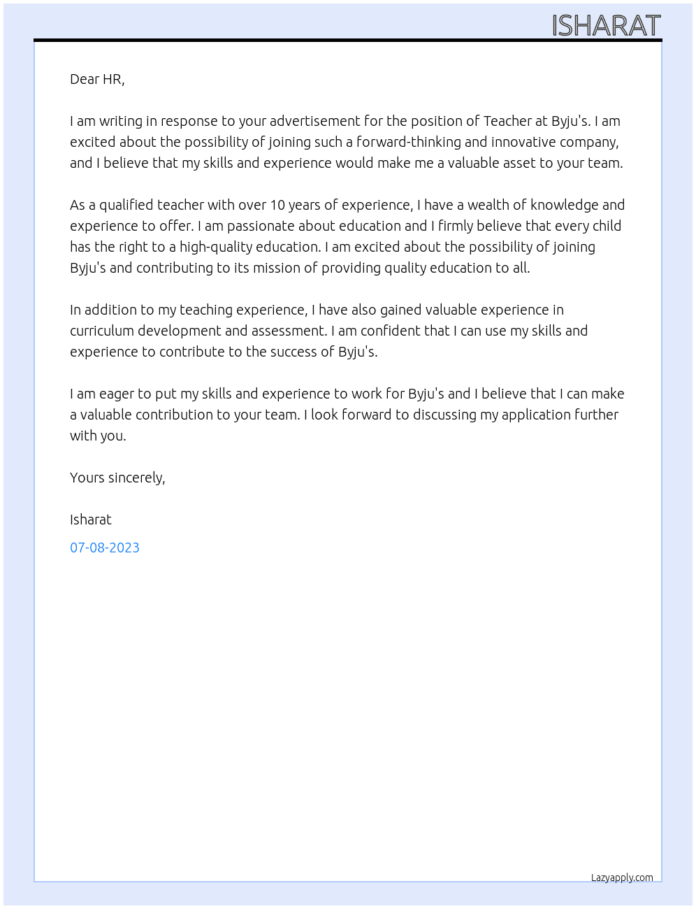 Teacher At Byju's Cover Letter