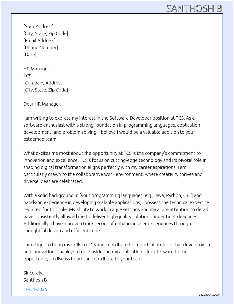 Software developer At TCS Cover Letter