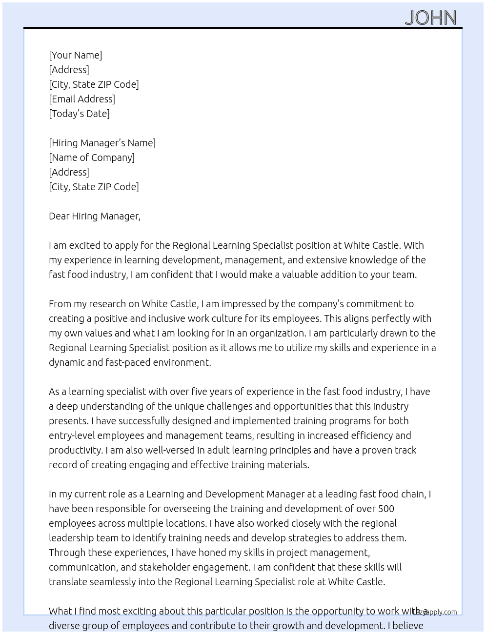 Regional Learning Specialist At White Castle Cover Letter