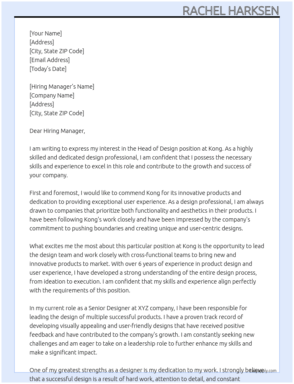 Head of Design At Kong Cover Letter