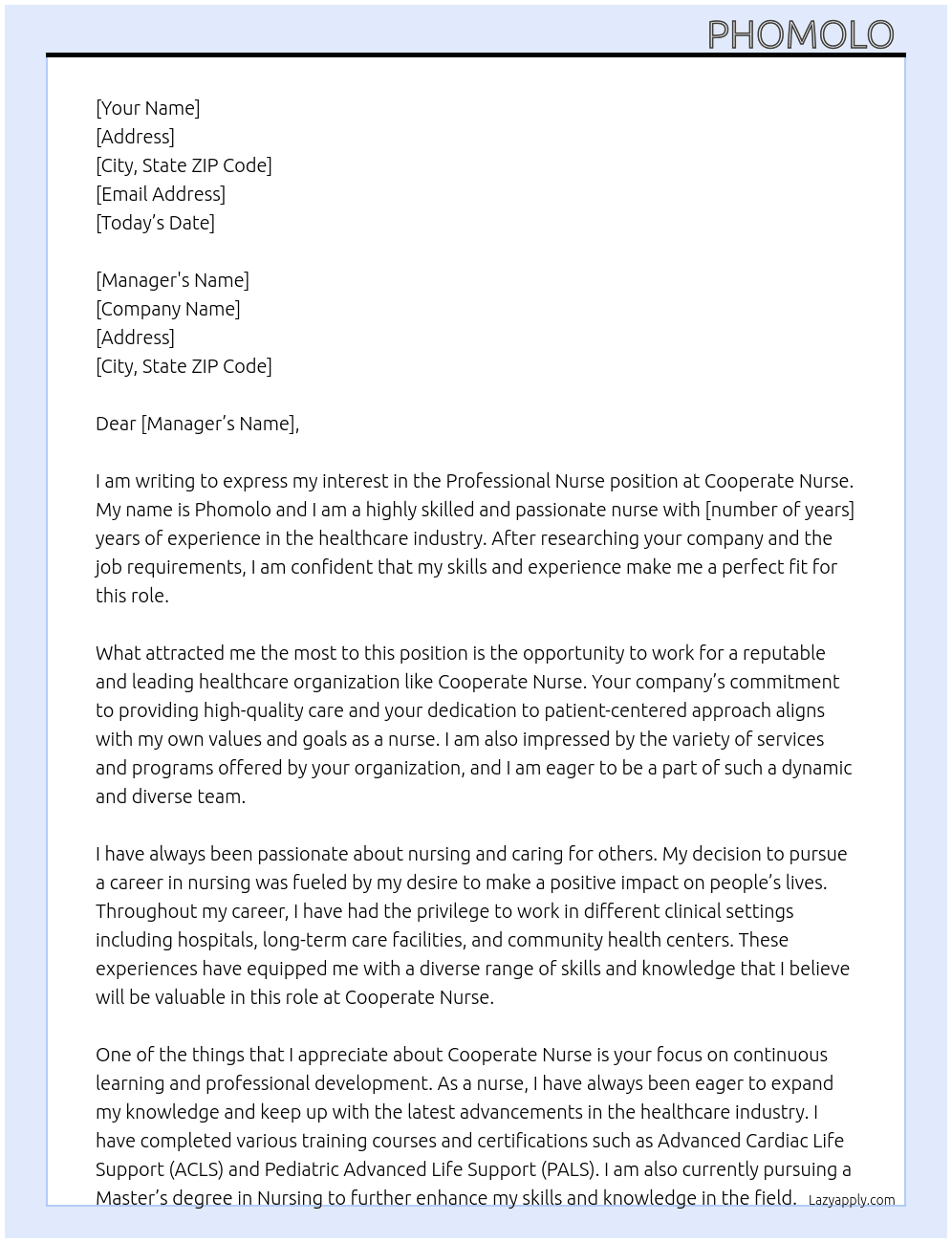 Professional nurse  At Cooperate nurse  Cover Letter